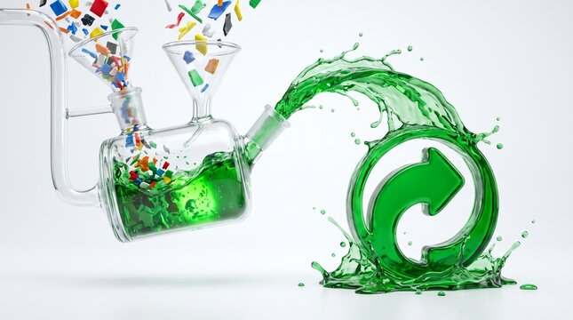 Plastic waste transforms into a vibrant green liquid, forming a universal recycling symbol. This illustration promotes environmental sustainability and a circular economy