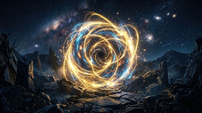 Mysterious Cosmic Portal Swirling with Energy in a Starry Night Landscape.