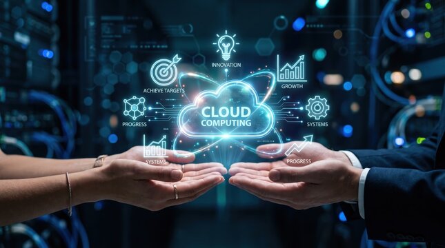 Two hands holding glowing cloud computing hologram with icons for innovation growth systems progress targets in server room background.