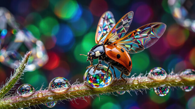 Ladybug with open iridescent wings resting on dewdrop stem with rainbow reflections