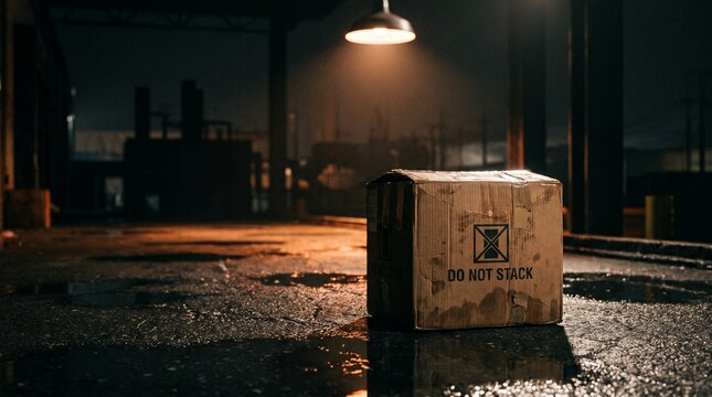 Cardboard cargo box sitting under lamp light on wet pavement at dark industrial warehouse location for logistics and delivery concept