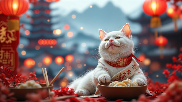 White kitten wearing traditional Chinese outfit sitting near bowl of dumplings under red lanterns