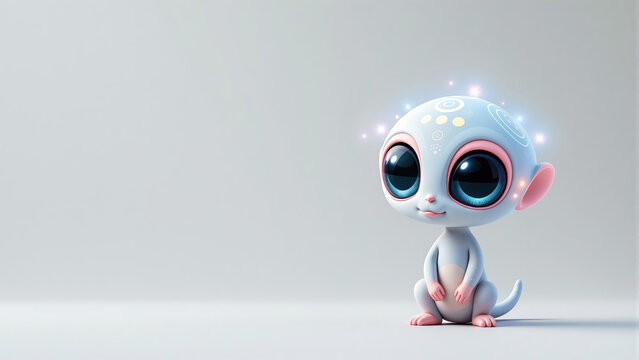 Stylized 3D alien creature with large blue eyes sitting against white background