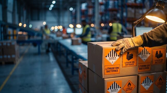 Industrial warehouse worker handling shipping boxes with lithium ion battery warning labels for safe transport