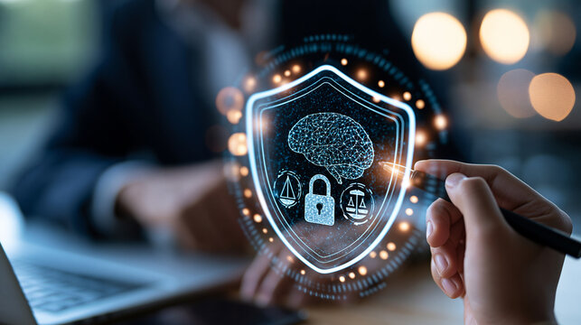 Shield hologram pointed at with a stylus showing lock brain and balance icons inside its outline face outside the frame bright clean office crisp graphic detail artificial