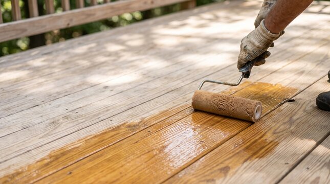 Person staining wooden deck using roller for outdoor home renovation and protection maintenance