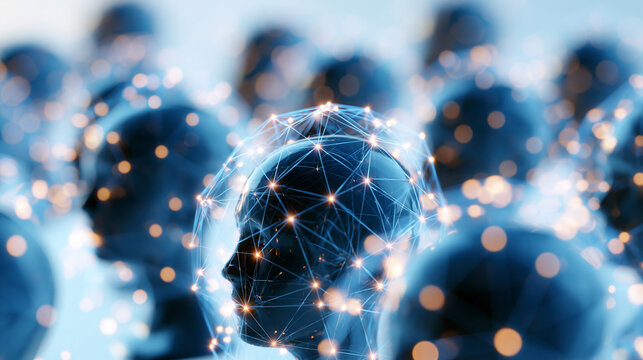 Head silhouettes rendered as smooth featureless profiles linked by glowing network lines on a bright background crisp connection points airy composition network of minds