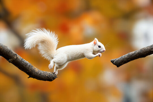 White albino squirrel leaping between tree branches in autumn forest with warm bokeh background