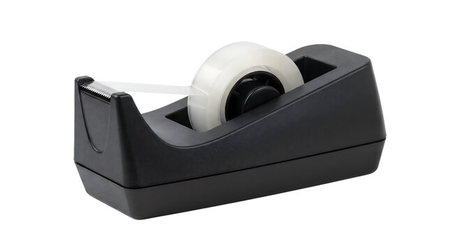 Black tape dispenser with a roll of clear adhesive tape for office desk work isolated on transparent background