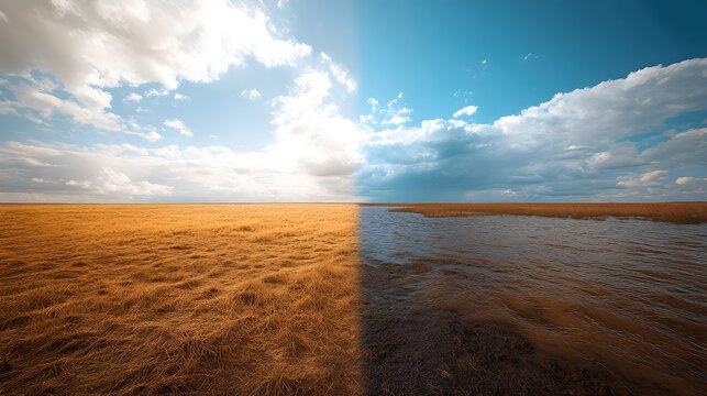 Split screen image contrasting arid drought land with flooded terrain highlighting climate extremes. Visual metaphor for environmental disruption and global warming impacts.