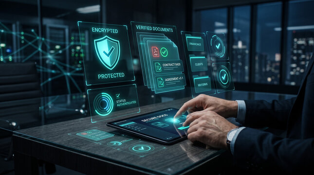 Secure digital document verification interface showing encrypted files authenticated records and financial folders on tablet for modern business data protection