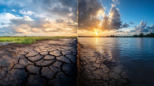 Split screen image contrasting arid cracked earth with flooded landscape under sunset sky illustrating extreme weather patterns and environmental imbalance for climate awareness campaigns.