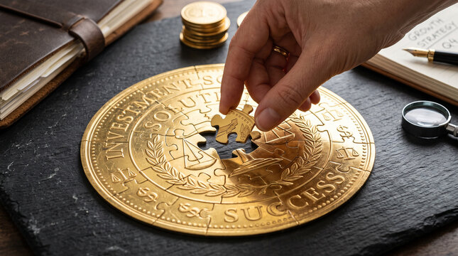 Person placing missing puzzle piece on golden success emblem