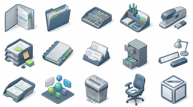 Collection of isometric office equipment and technology icons.