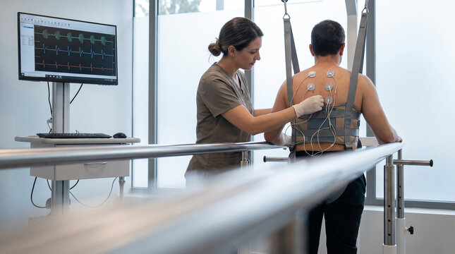 Physical rehabilitation session with therapist applying spinal electrodes to patient standing in harness on parallel bars