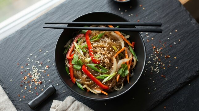 Stirfried glass noodles with vegetables in a black bowl with chopsticks on a dark slate surface
