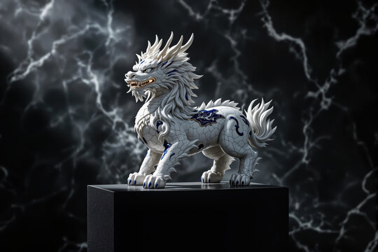 White Kirin dragon statue standing on pedestal against dark marble background. Traditional oriental mythical creature porcelain sculpture.