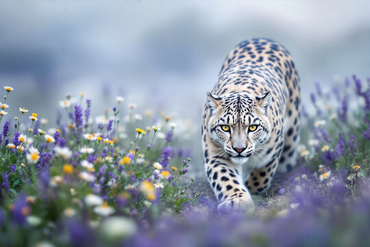 Snow leopard walking forward through purple wildflower meadow. Wild big cat predator stealthily hunting in field.