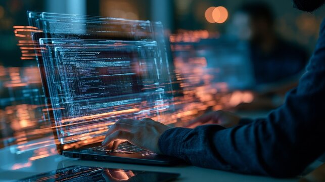 Software Development and IT Operations Concept Featuring an Engineer Using a Laptop with a Virtual Screen, Representing Agile Programming, DevOps, and Software Quality.