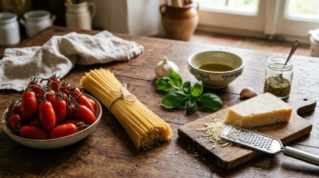 Rustic Italian Kitchen Table with Fresh Pasta Ingredients Ready for Cooking 1.