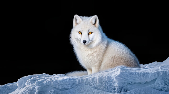 Arctic fox sitting on snow ridge against dark black background. White fox winter wildlife studio portrait.