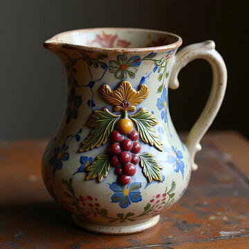 Vintage ceramic pitcher with handle and raised grape motif elegant hand painted floral pottery jug on rustic wooden table background