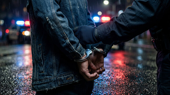 Police arrest in rainy city, suspect handcuffed, flashing lights.