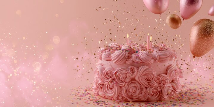 Elegant pink birthday cake with rich buttercream swirls, golden glitter, and confetti explosion for festive event visuals.