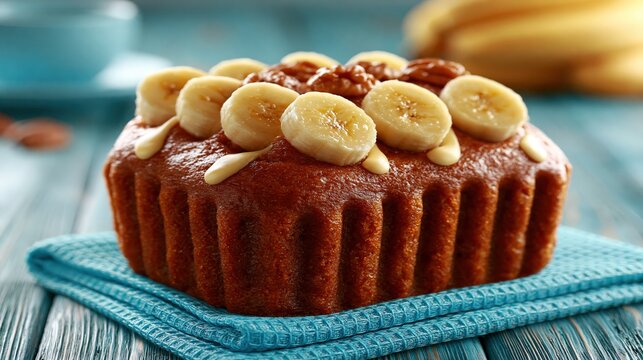 Golden brown loaf cake topped with fresh banana slices and nuts.