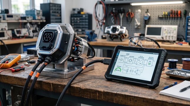 Engineer testing electric vehicle powertrain component in laboratory workshop with rugged tablet displaying technical block diagrams and efficiency data.