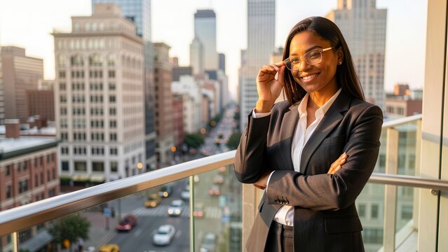 confident diverse young professional woman on city balcony overlooking upscale cityscape during golden hour successful career portrait for business advertising