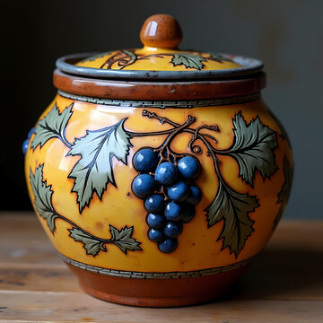 Vintage ceramic jar with lid and raised grape motif elegant hand painted terracotta canister on rustic wooden table background