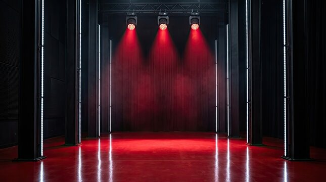 Empty theater stage with red spotlights and reflection