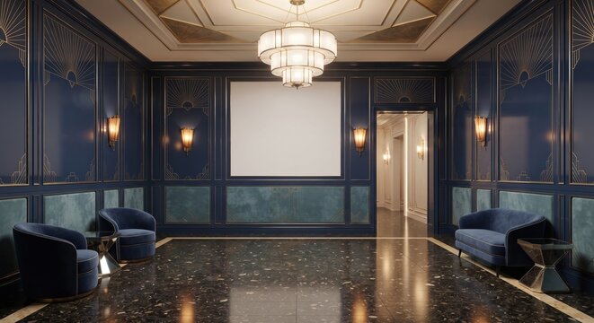 Elegant Art Deco Lounge with Navy Blue Walls, Gold Accents and Blank Canvas Mockup