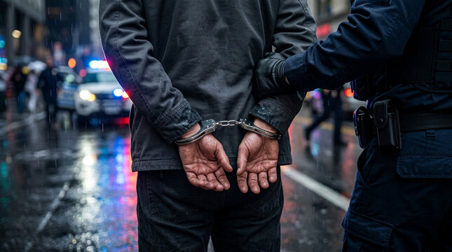 Man handcuffed by police officer on rainy city street with blurred car lights