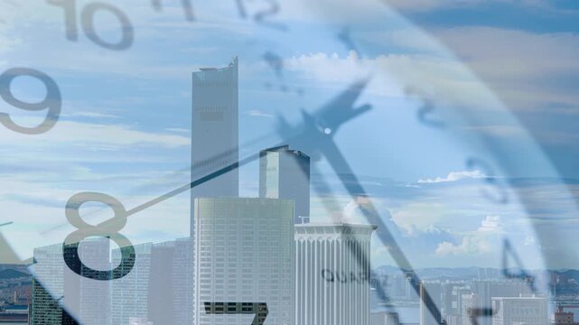 Double exposure clock face covering city with blue sky and white clouds, time lapse abstract background 4K