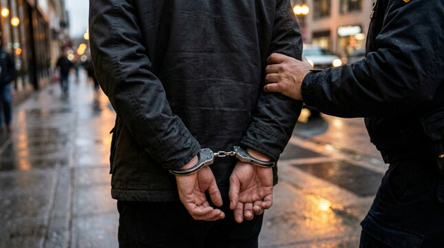 Police arrest suspect in handcuffs on wet city street at dusk