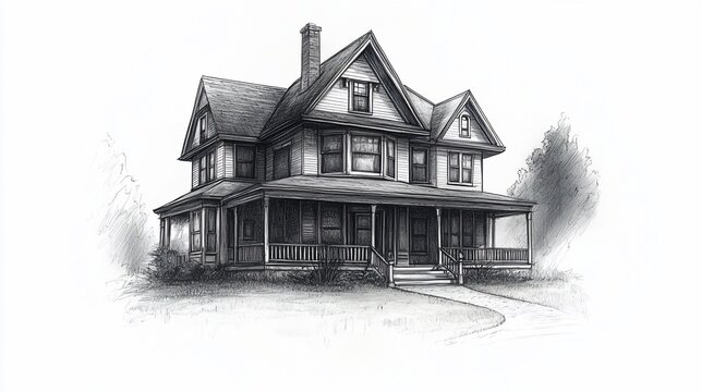 Detailed pencil sketch of a large, classic Victorian home with a porch, chimney, and trees, grayscale