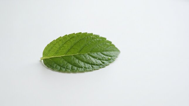 Single Fresh Organic Mint Leaf Isolated on Plain White Background for Culinary and Healthy Herbal Tea Beverage Preparation