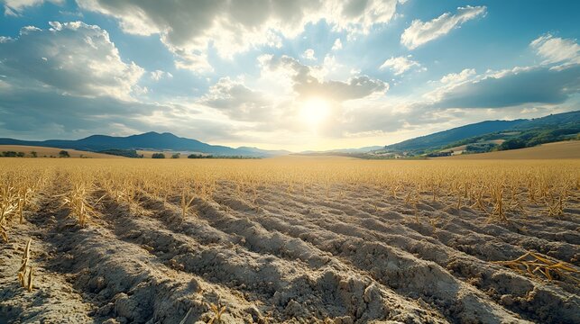 Time-lapse showing barren field replacing once fertile land due to climate change under dramatic sky with distant mountains. Ideal for environmental awareness or agriculture impact visuals.
