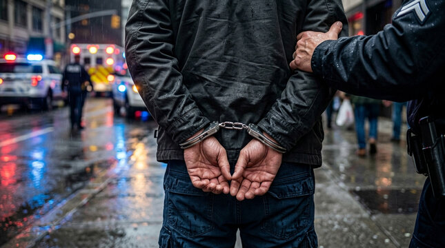 Man Handcuffed by Police Officer on Wet City Street with Sirens