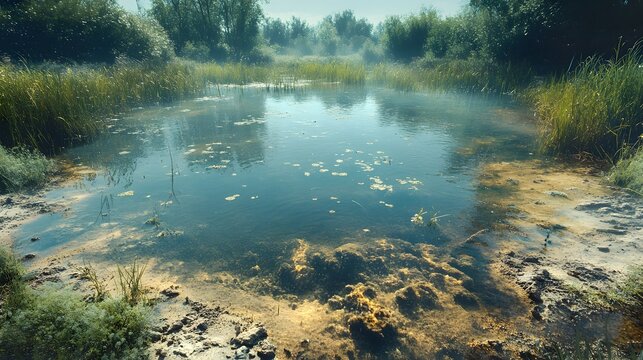 Time-lapse showing once vibrant wetland ecosystem deteriorating into murky, algae-covered pond due to pollution. Natural decay process captured in serene landscape setting.