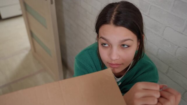 Young woman hides behind cardboard box inside empty apartment, anxious expression with hands near face, tense shoulders and hesitant breathing, eyes peering over box edge toward doorway, stacked boxes