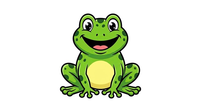 Friendly green cartoon frog sitting on white background.