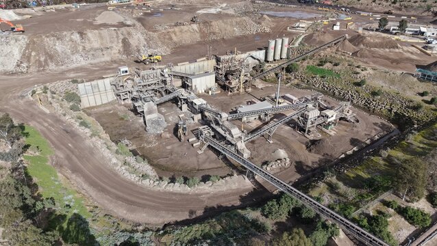 Aerial view of industrial quarry and aggregate processing plant