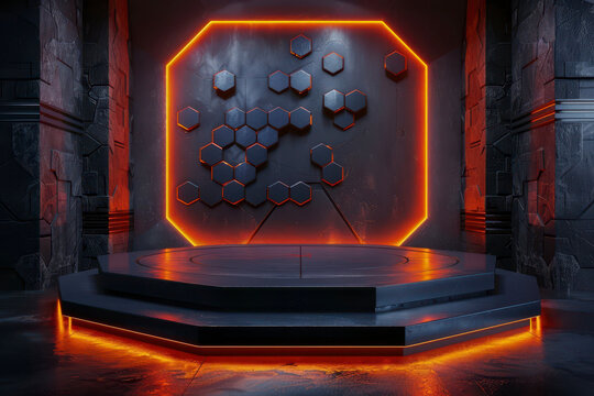 Futuristic Sci-Fi Hexagonal Product Display Podium with Glowing Orange Neon and Geometric Wall