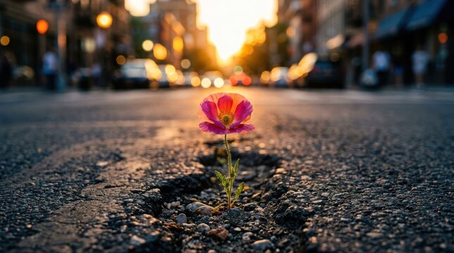 Single Flower Blooms Through Cracked Asphalt in Urban Sunset.