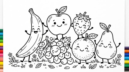 Fototapeta premium Fruit character coloring page for kids.