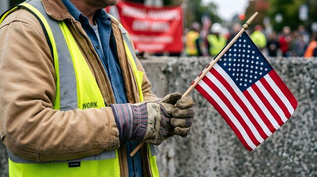 A construction worker wearing a high visibility vest holding an american flag during a labor day parade celebration