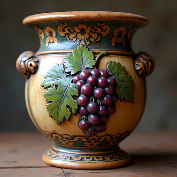 Vintage ceramic urn with small handles and raised grape cluster motif elegant hand painted terracotta vase on rustic wooden table